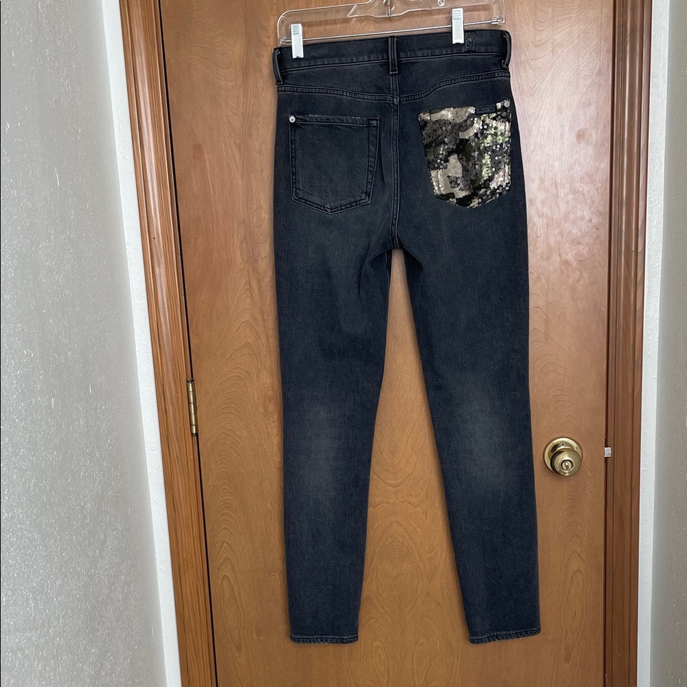 7 For All Mankind Dark Jeans with Sequin Pocket Detail, high rise ankle skinny